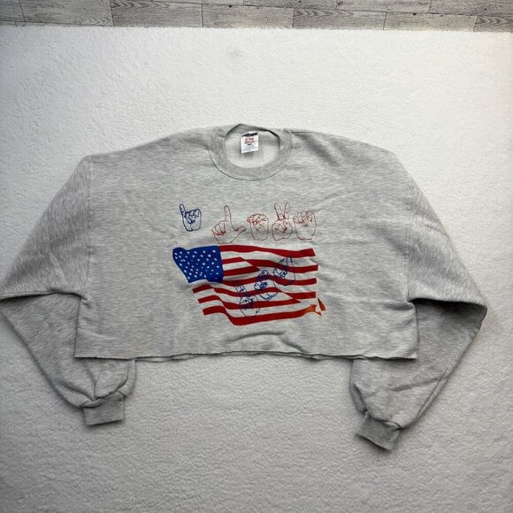 VTG Jerzees Super Sweats Cropped Graphic ASL "I Love USA" Long Sleeve Womens 2X - Picture 2 of 12